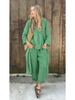 Set da Donna Primavera 2025 Taglie Forti Cotone Lino Set 2 Pezzi: Pantaloni Larghi a Vita Alta & Camicia