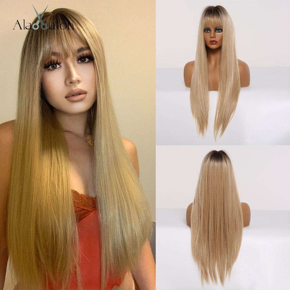 ALAN EATON Ash Grey Brown Mixed Synthetic Wigs for Women Long Straight Middle Part Hair Wigs Daily Cosplay Use Heat Resistant