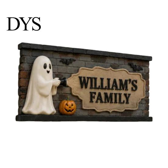 Retro Distressed Wood Sign Glowing Ghost Pumpkin Wall Plaque Sign, Custom Family Name Door Hanger Decor, Waterproof Rustic Farmhouse Entryway