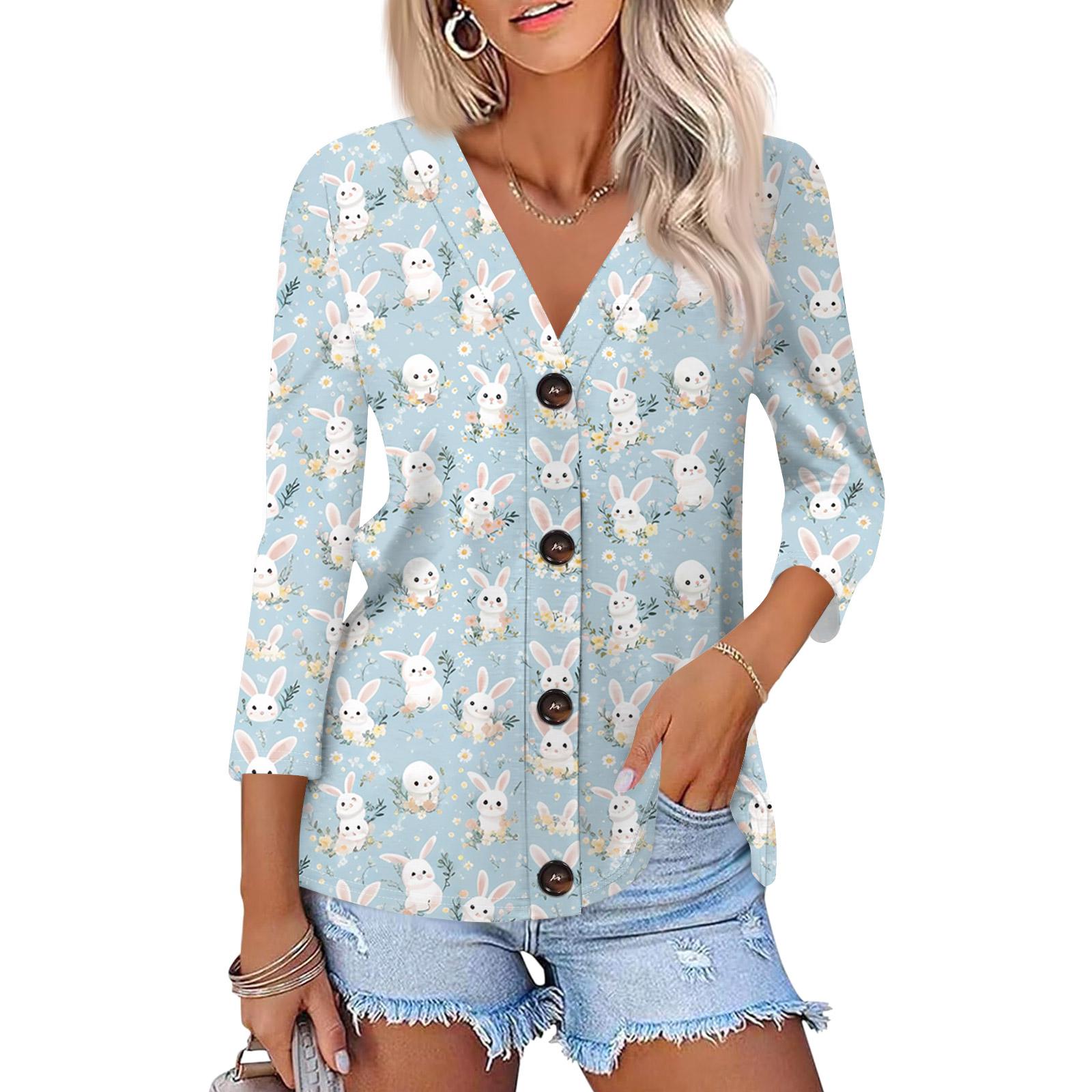 

Women s Fashion Casual Print Button-down Shirt 3/4 Sleeve Tops M