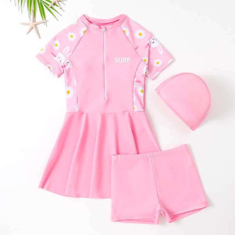 Girls' 2025 Slimming One-Piece Skirt Swimsuit: Cute, Quick-Dry, Three-Piece Student Swimwear