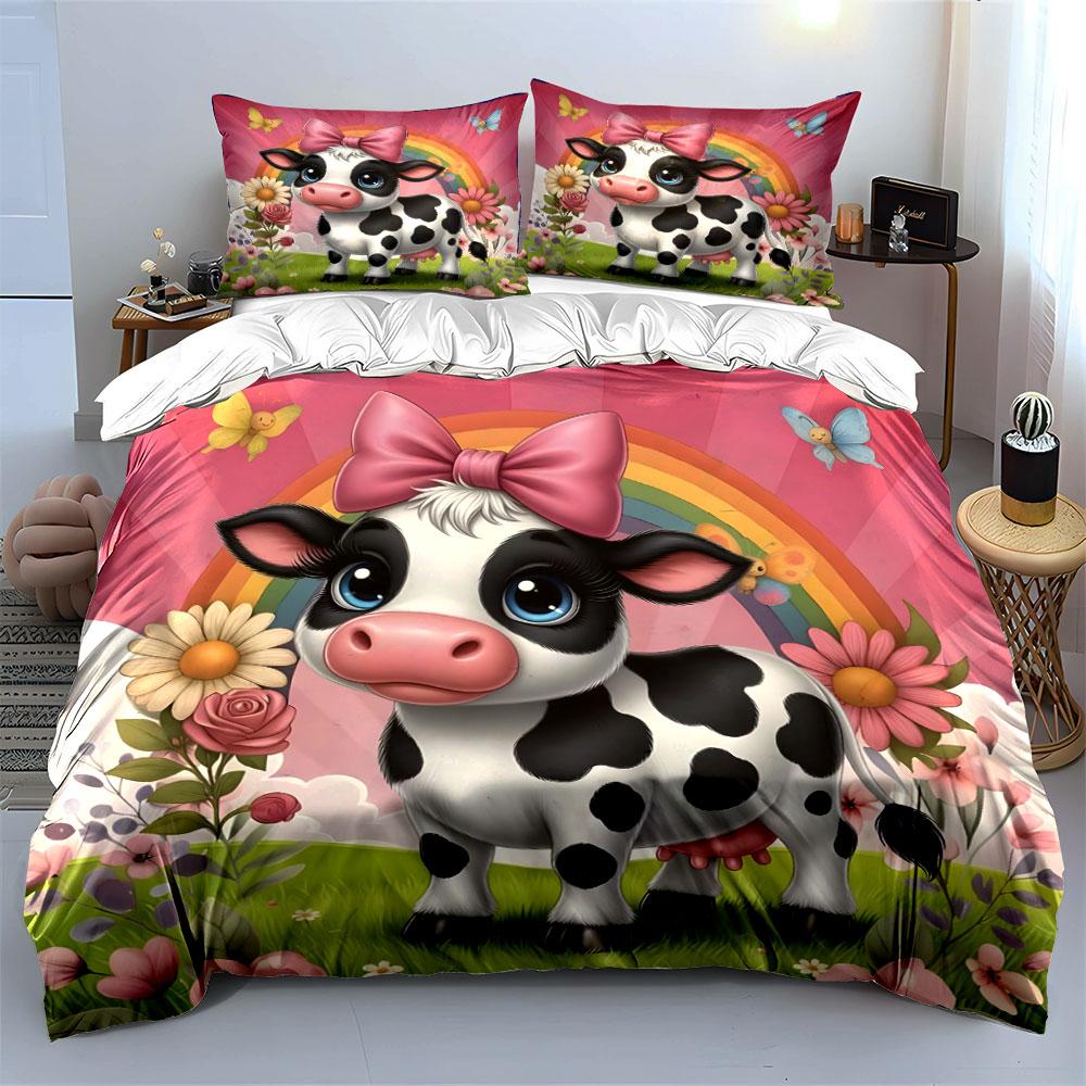 Set Biancheria da Letto con Stampa Mucca Carina e Sfondo Arcobaleno 1 Copripiumino 2 Federe per Adulti e Bambini Regalo di Lusso Misura Matrimoniale