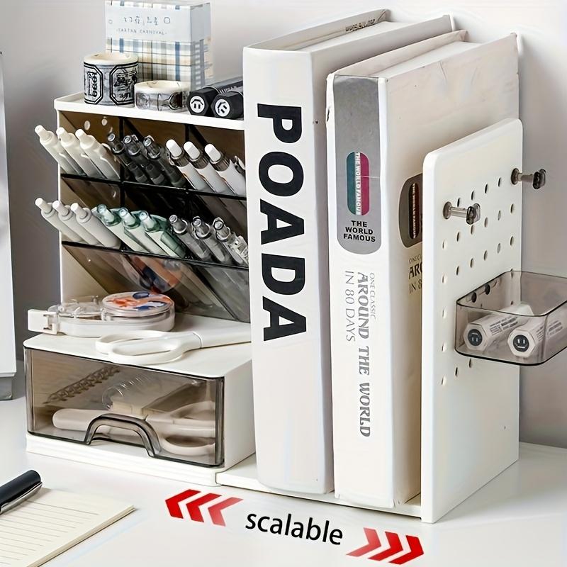 1 peça Suporte de Livros Retrátil de Grande Capacidade Porta-Canetas Organizador Compartimentos em Camadas, Design de Gaveta, Armazenamento de Mesa de Plástico Durável para Estudantes Escritório