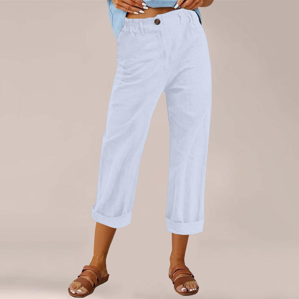Women's Fashion Cotton-Linen Blend Loose-Fit High-Waisted Casual -Color Straight-Leg Pants