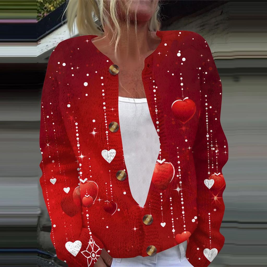 Women's Fashion Valentine's Day Heart Printed Long Sleeve Knitted Cardigan Button Jacket