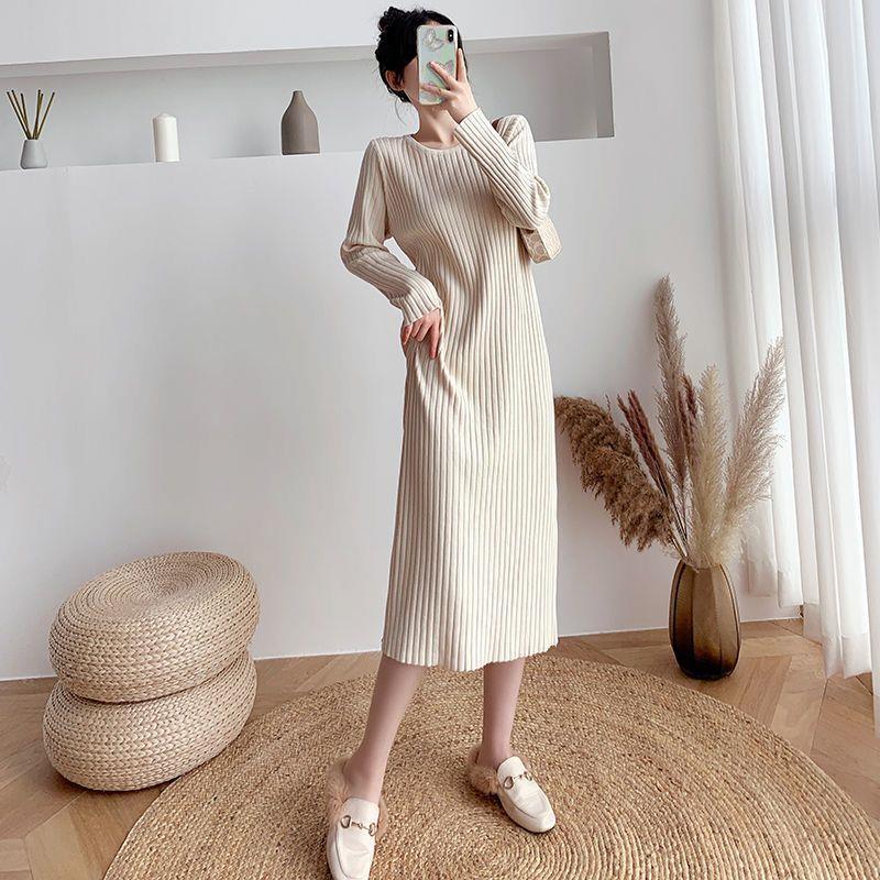 2025 Thickened Warm Knit Dress: Long Sleeve, Round Neck, Over the Knee, Mid-Length