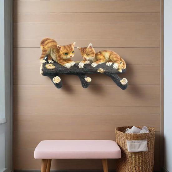 Tree Branch Cat Wall Sculpture Multi-purpose Wall Mount Simulation Cat Hanger Hook Home Living Room Bedroom Kitten Wall Art Decoration