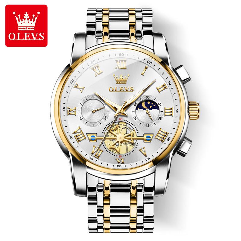 OLEVS Top Original Quartz Men's Watches Classic Roman Scale Dial Moon Phase Waterproof Luminous Luxury Wrist Watch for Male