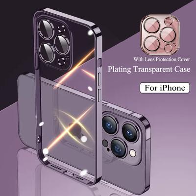 Plating Frame With Lens Protection Film Clear Phone Case For Iphone 14 13 12 11 Pro Max Xs Mini Xr X 7 8 Plus Se 2022 2020 Cover