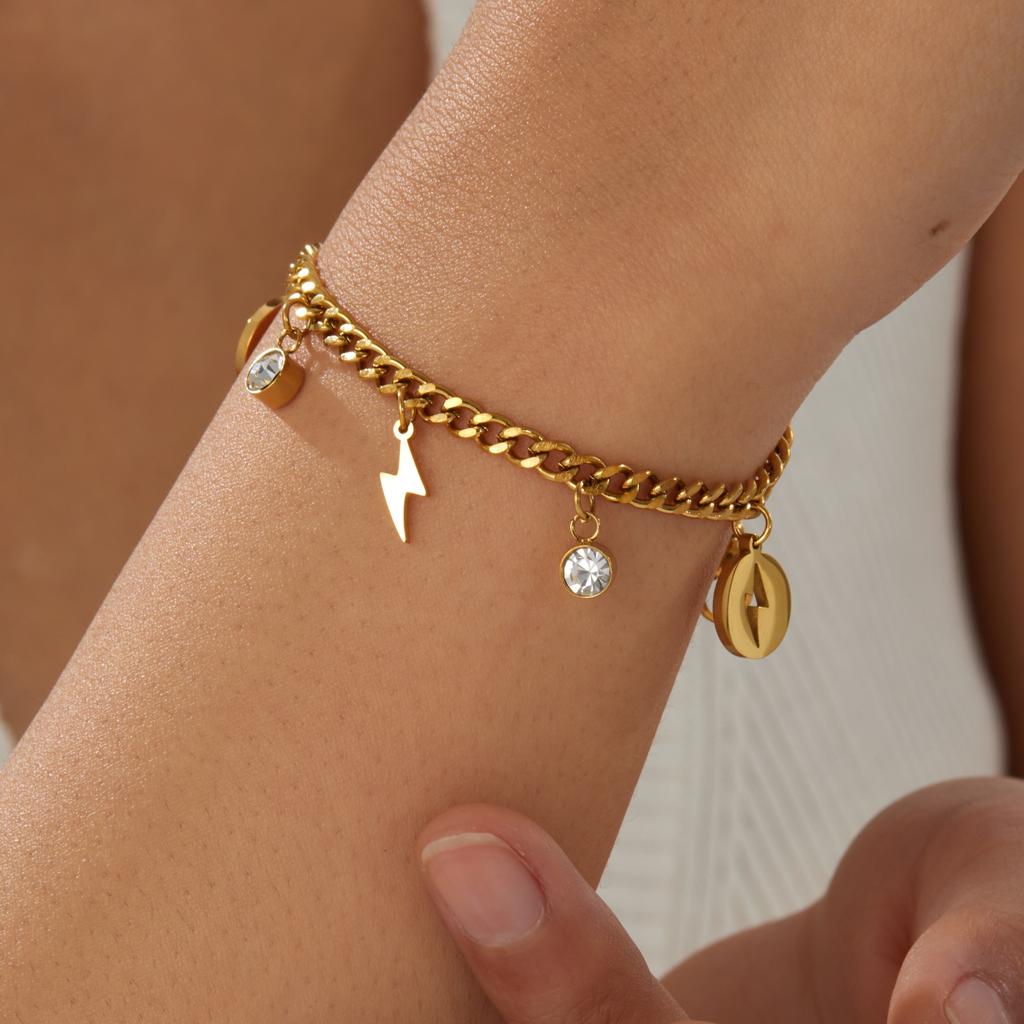 316L Stainless Steel Lightning Rhinestone Charm Bracelet For Women Fashion New Gold Plated Chain Jewelry Party Gift