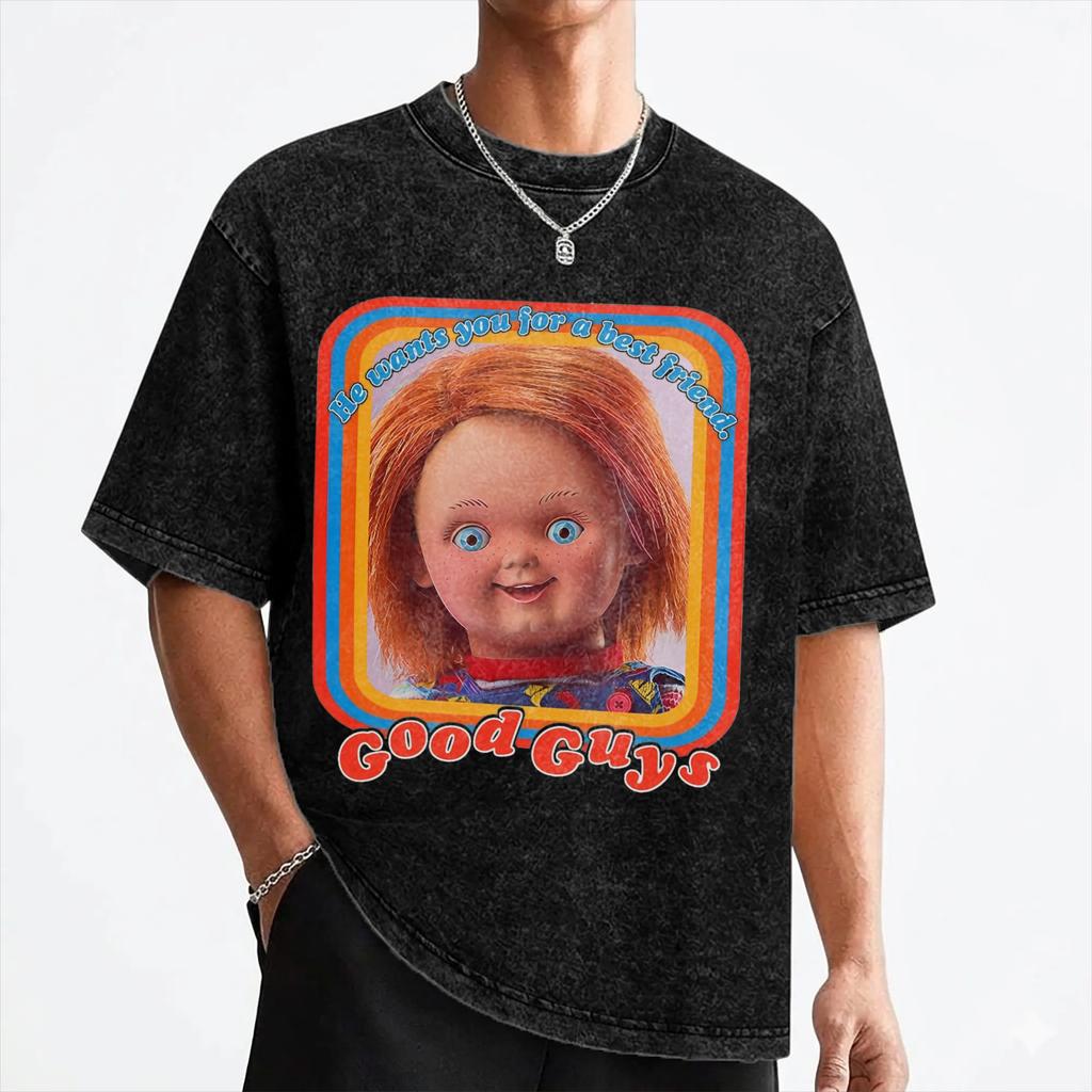 Horror Movie Chuckys T Shirt Washed Short Sleeve Oversize T-Shirts Halloween Retro Men Women Streetwear Summer Tees