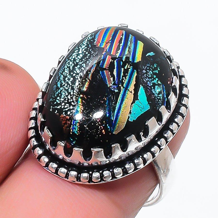 Dichroic Glass Gemstone 925 Sterling Silver Jewelry Ring Size 7