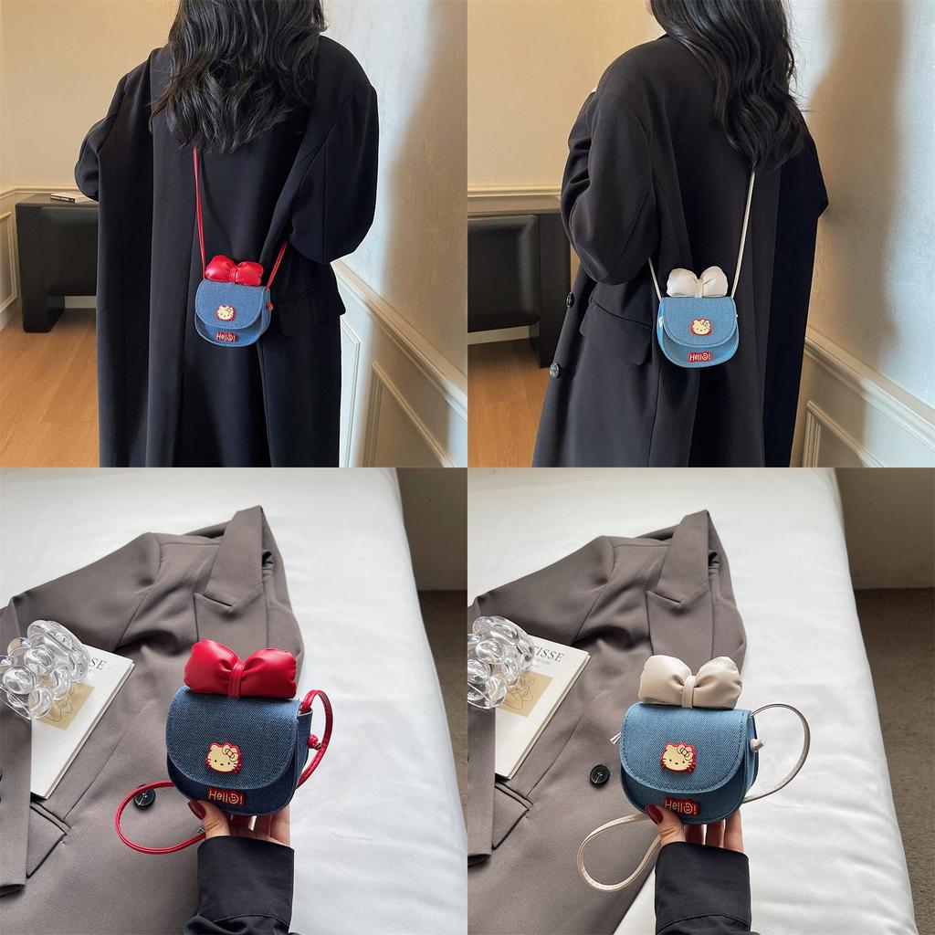 Hello Kitty Denim Butterfly Knot Bag Small Crossbody For Casual Street Style Womens Fashion