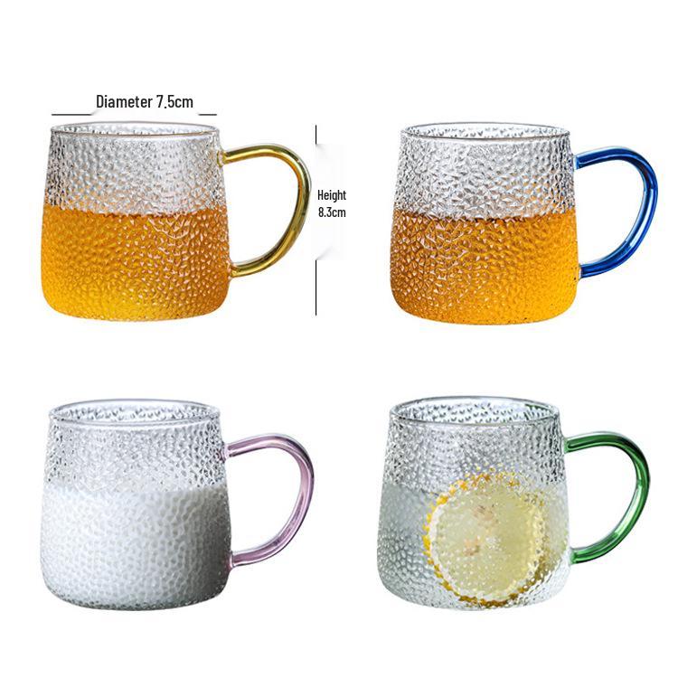 Colored Handle Hammered Glass Cup - Single Layer, Heat-Resistant, Transparent for Water, Milk, or Tea