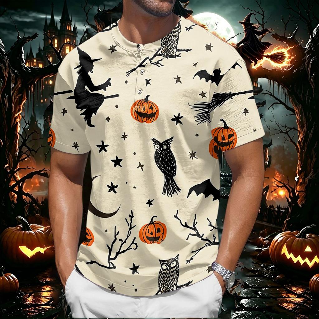 Men's Halloween Print Short Sleeve Henley Shirt Casual Round Neck Button Front Top for Seasonal Festive Wear