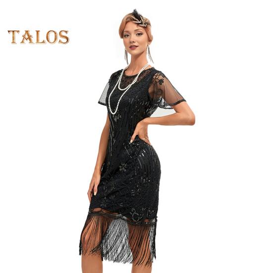 

Женское выпускное платье в винтажном стиле с ажурным кружевом, кисточками и пайетками, прозрачный круглый вырез, короткие рукава, облегающий крой, застежка-молния сзади, коктейльная вечеринка M чёрный