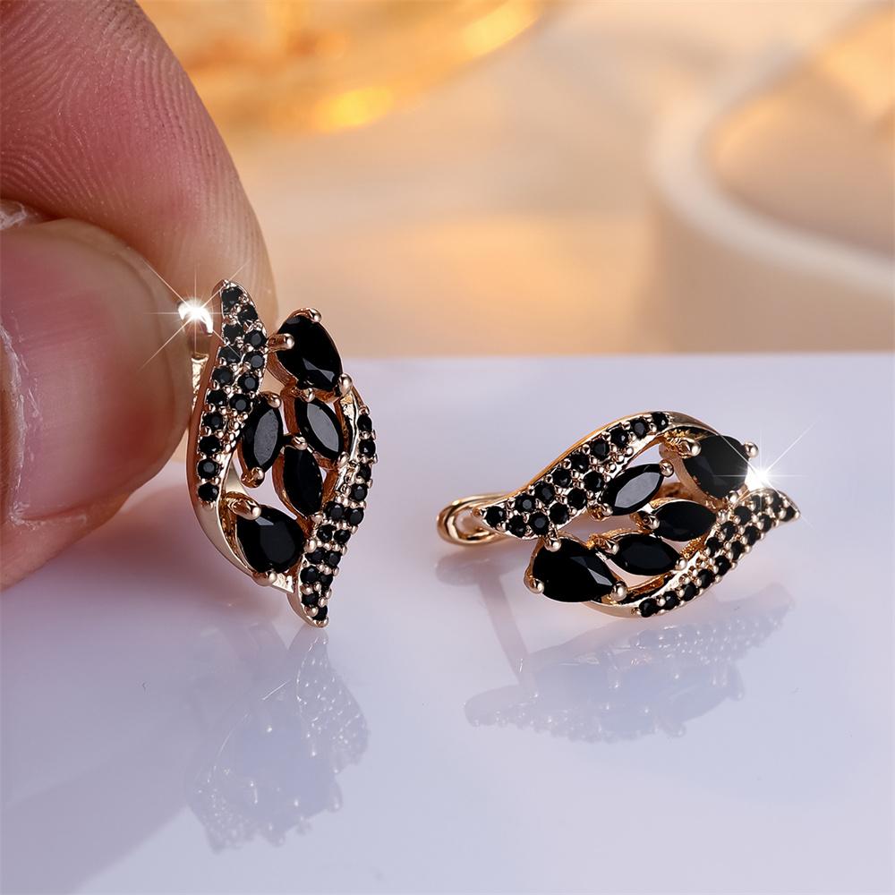 Antique Black Zircon Marquise Stone Hoop Earrings For Women Vintage Gold Color Ear Buckle Wedding Jewelry Engagement Party Gifts
