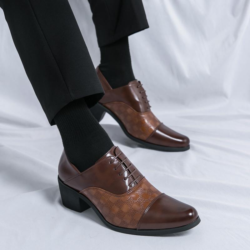 Pantofi cu toc înalt gros de înaltă calitate 6cm Pantofi sociali britanici Bărbați Brogue Platformă Pantofi din piele Pantofi formali de afaceri din piele pentru bărbați