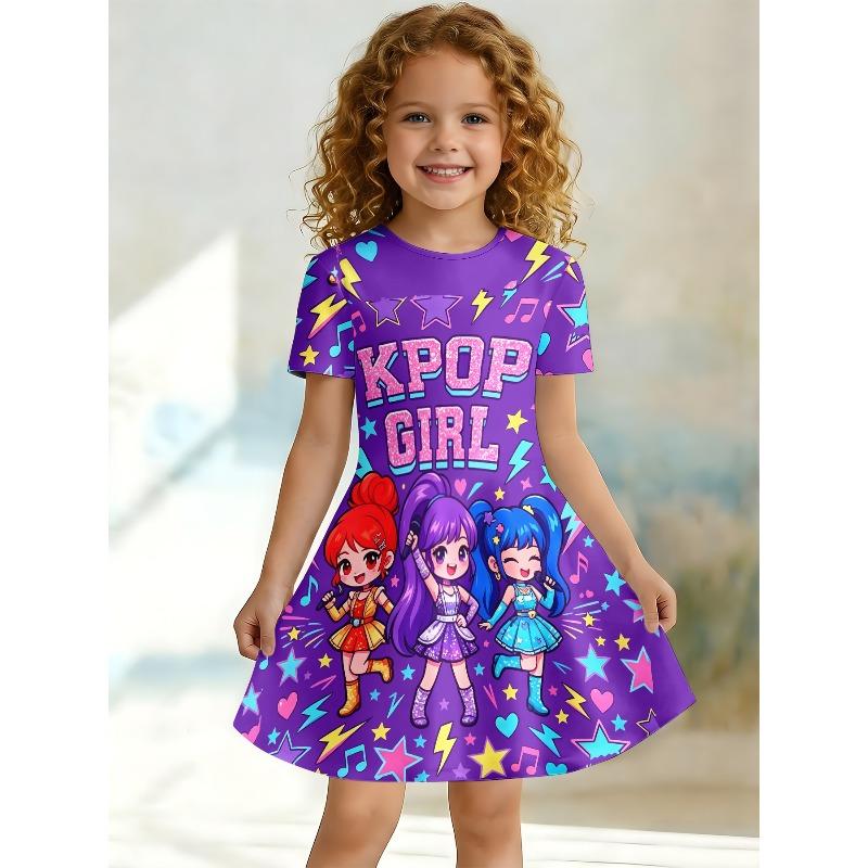 Sweet Cartoon A-line Dress for Girls, Short Sleeved Casual Summer A-line Dress Suitable for Birthday Parties and Gift Giving