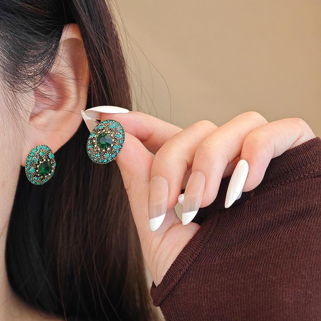 Silver Needle Korean Street Style Vintage Emerald Earrings with Diamond Accent - Trendy Luxury Fashion for Women
