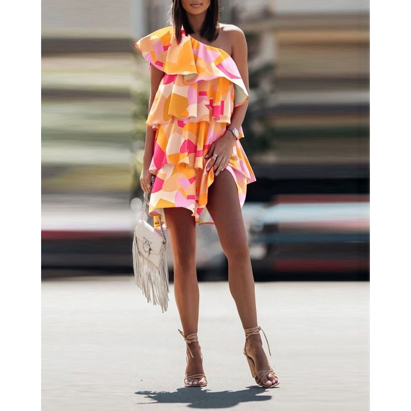Casual Printed Dress Oblique Shoulder Ruffles