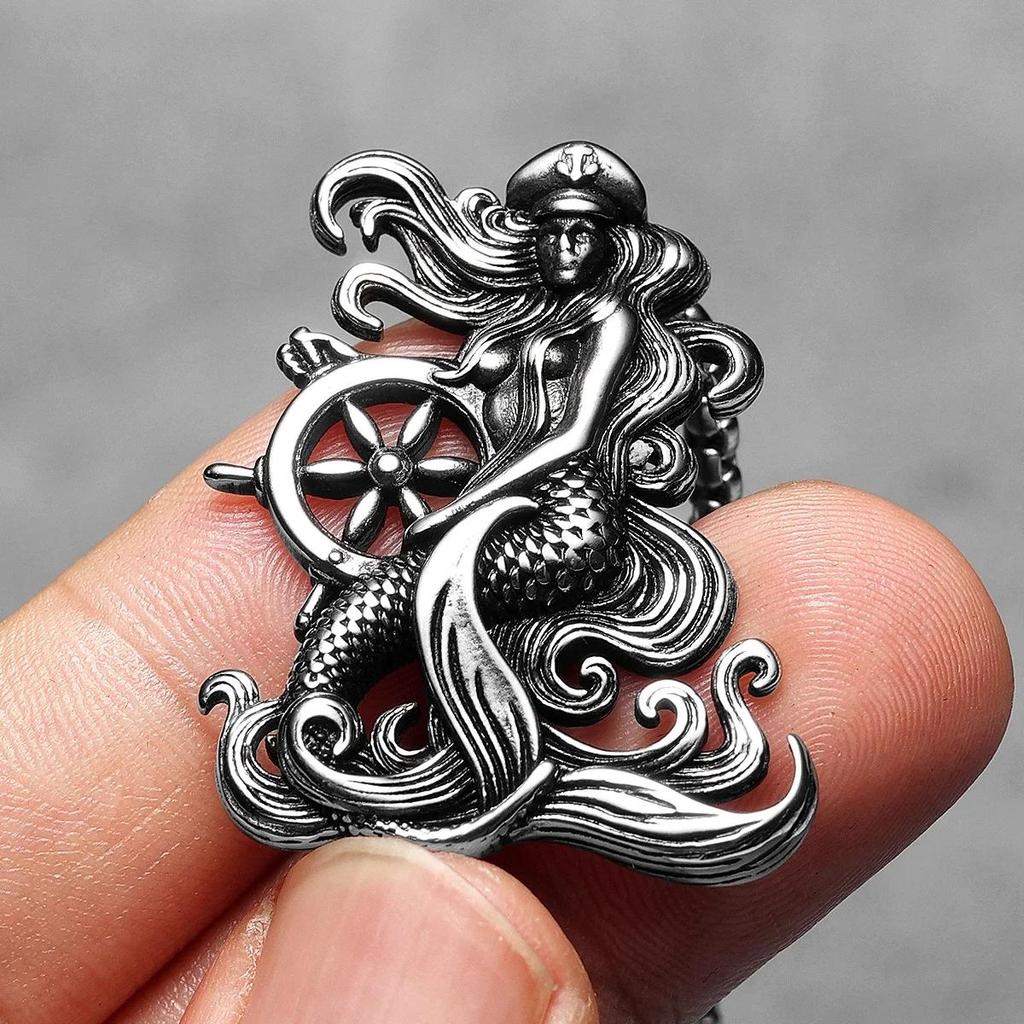 Vintage Retro Captain Mermaid Pendant Necklace Chain Unisex Men Women Fashion Gothic Amulet Talisman Jewelry Party Gift