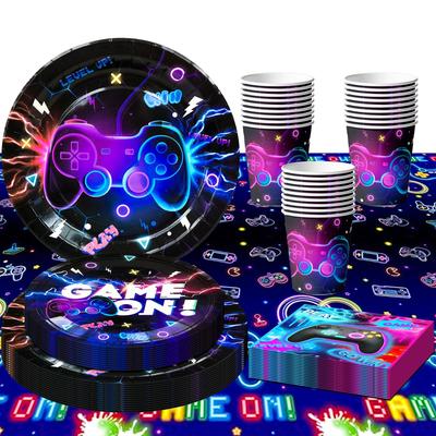 Video Game Birthday Decorations TablewareGame On Birthday Party Tableware Set Birthday Cups Tablecloth Etc Glowing Game Party Tableware