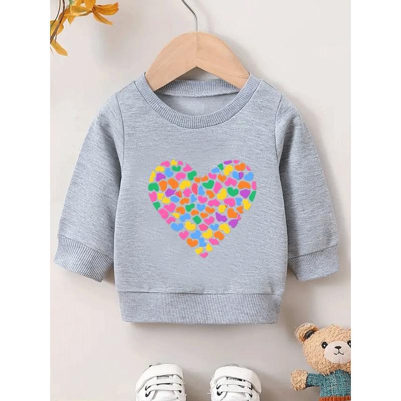 European Sizes Comfortable Soft Versatile Thin Colorful Heart Print Round Neck Sweatshirt for Kids 0-3 Years Old, Suitable for Outdoor Activities