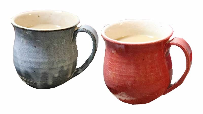 Shigaraki Ware Couple Mugs [Pair Set of Saiun Mug (Blue & Red) w304-05_304-06] Ceramic Mugs, Soup Cups, 350ml