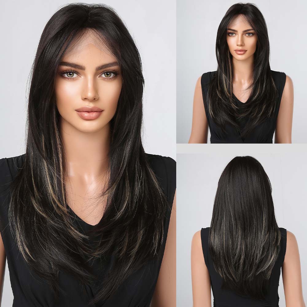 LOUIS FERRE Brown Blonde Ombre Synthetic Lace Front Wig Long Straight Fake Hair Wig for Women Daily Cosplay Lace Wig With Bangs