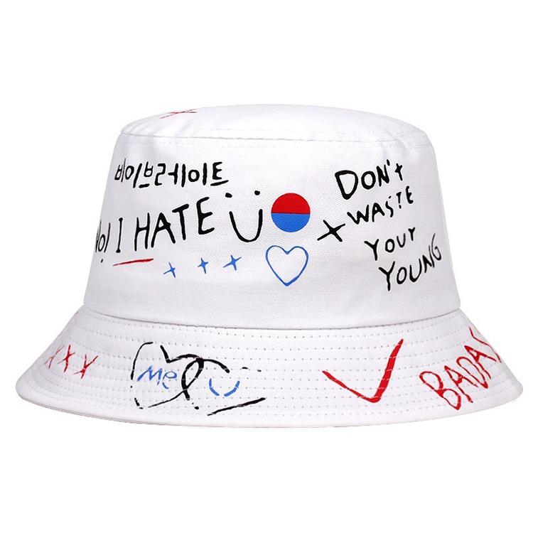 Reversible Graffiti Heart Bucket Hat Small Batch Custom Printed Embroidered Logo Fisherman Hat Stable Supply