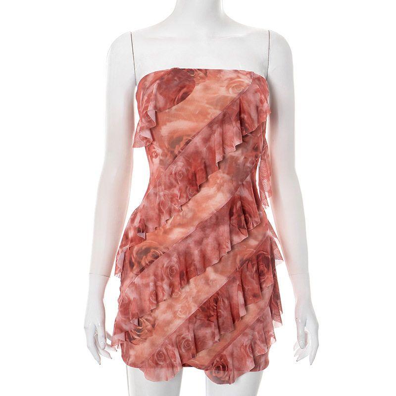 Ruffled Mesh Strapless off Shoulder Dress Sexy Mesh off Shoulder Dress Pink S