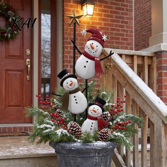 Decorative Holiday Post Vintage Metal Christmas Snowman Ground Stake, Distressed Yard Sculpture with Three Climbing Snowmen Entryway Decoration