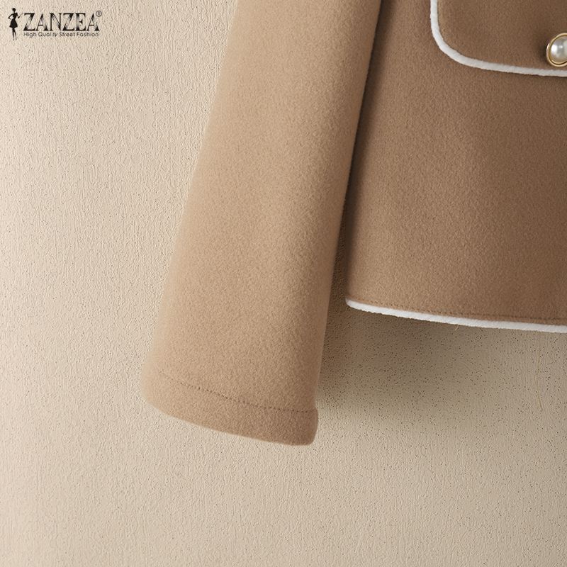 ZANZEA Women Elegant Color Block Round Neck Long Sleeve Thin Cardigan Woolen Jackets
