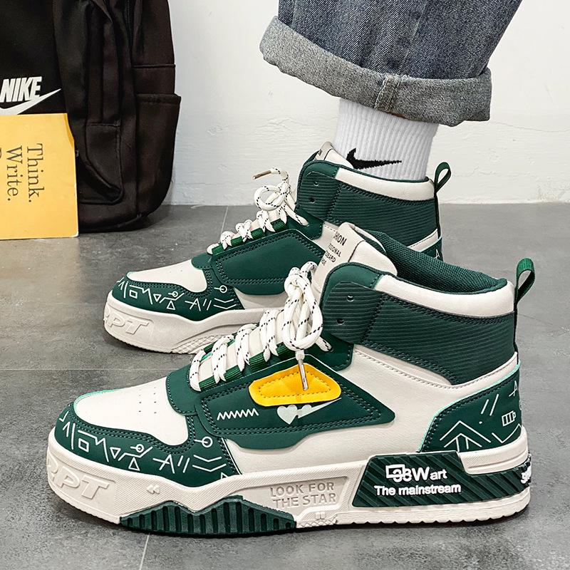 

Men s Trendy Korean-Style High-Top Leather Sneakers with Thick Soles and Color-Blocking Design 42