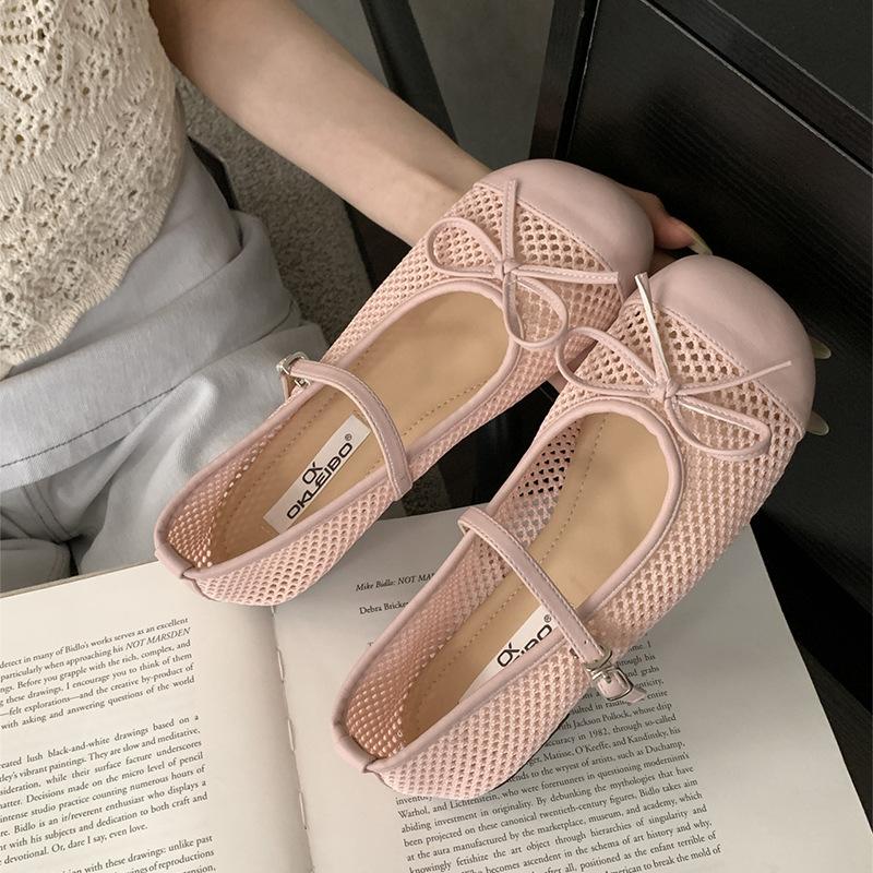Flat-bottomed mesh single shoes women's gentle French new 2025 summer Mary Jane evening breathable bow sandals mesh shoes