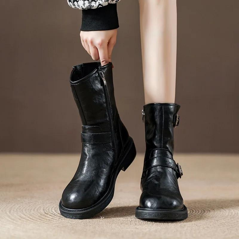 Fashion Retro Cowhide Western Cowboy Platform Boots for Women Designer Soft-soled Women's Shoes Fashion Non-slip Ankle Boots Female