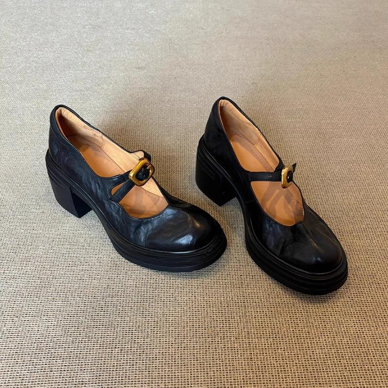 Cowhide version~ Mary Jane small leather shoes retro round head metal buckle thick sole shallow mouth commuting versatile thick heel single shoes
