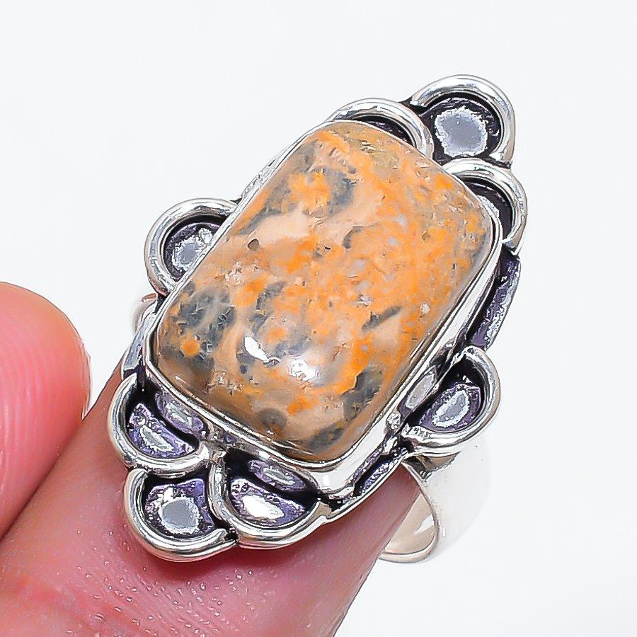 Natural Leopard Skin Gemstone 925 Sterling Silver Jewelry Ring Size 7.5 ZS-988