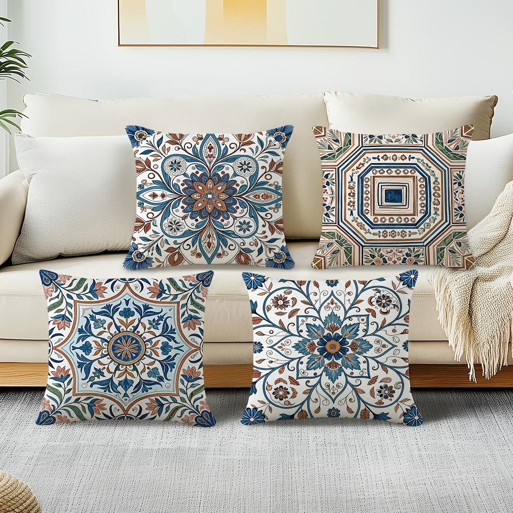 Retro Tile - Inspired Floral Pillow CoversLiving Room Sofa Cushion Cover, Soft and Comfortable, Bedroom Room Decoration