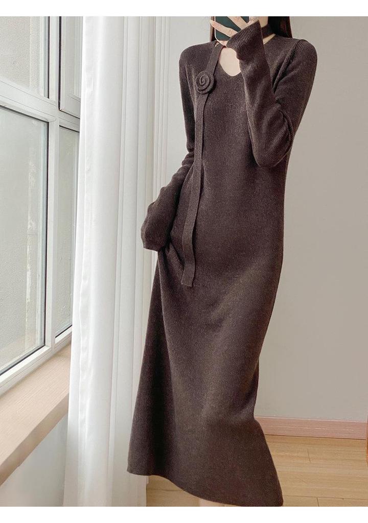 2025 A/W Women's Over-the-Knee Knit Dress with Long Sleeve Coat Layer
