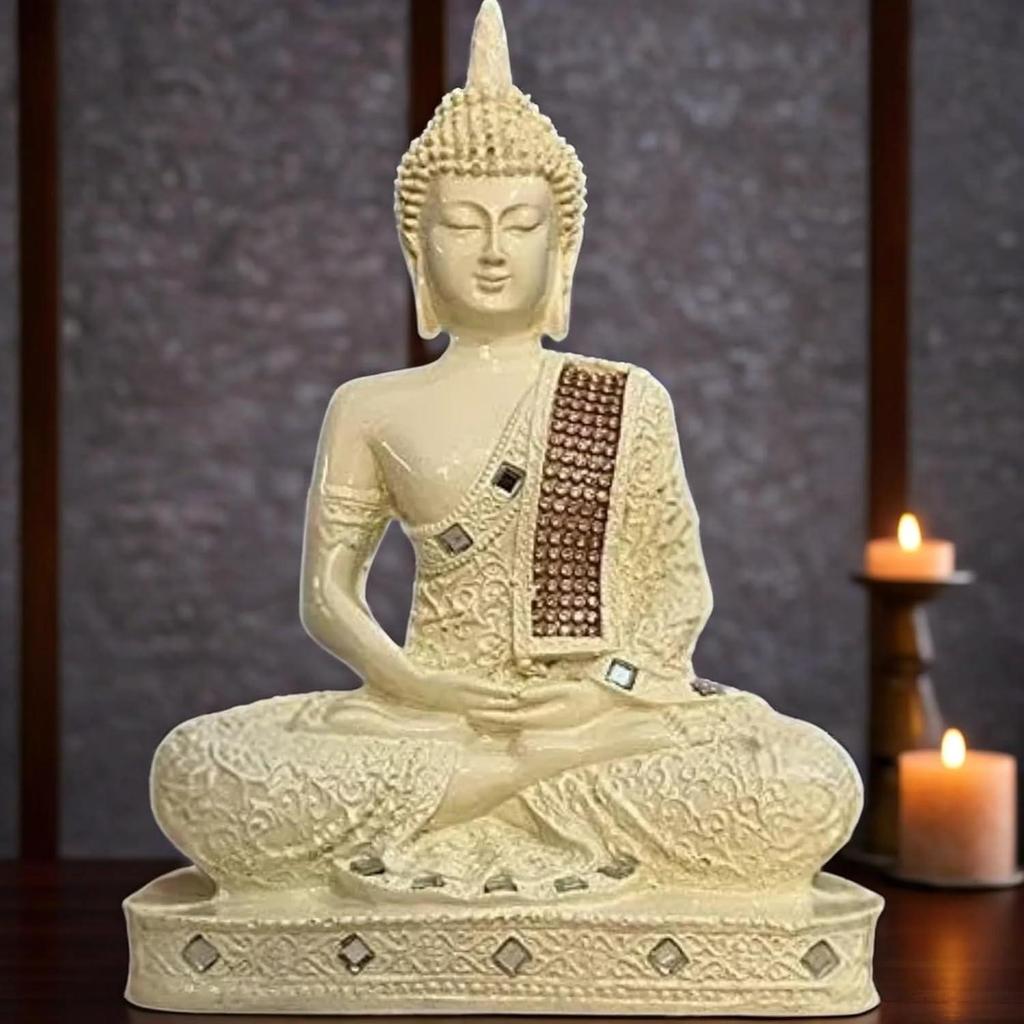 Nuova statua del Buddha seduto in meditazione da 25 centimetri, pezzo forte, idolo, articoli di arredamento per la casa per il soggiorno e regali (Crema)