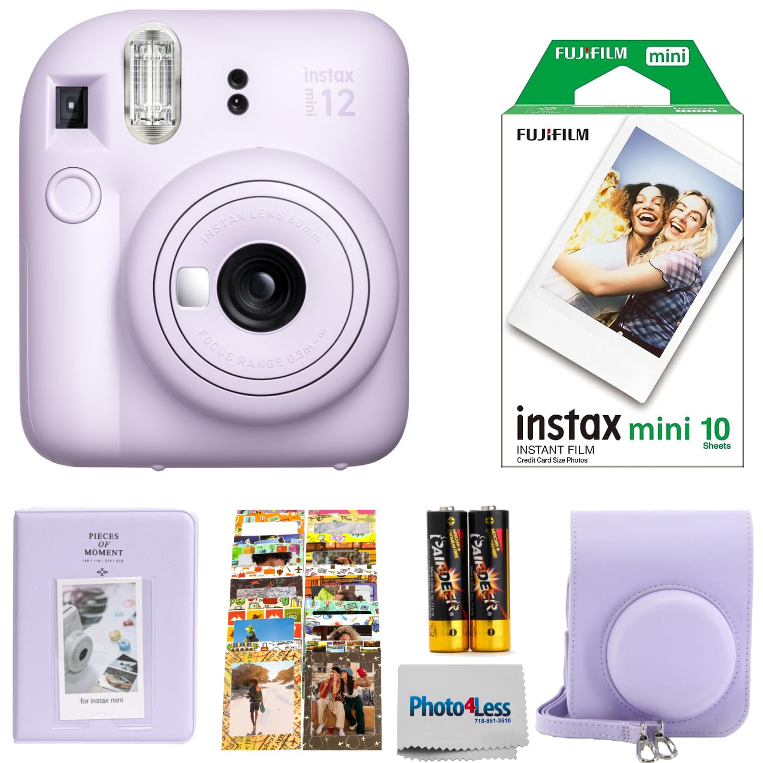 

Fujifilm INSTAX Mini 12 Instant Film Camera (Lilac Purple) + Fuji Single Pack - 10 Prints Protective Case Purple Photo Album Travel Sticker Bundle