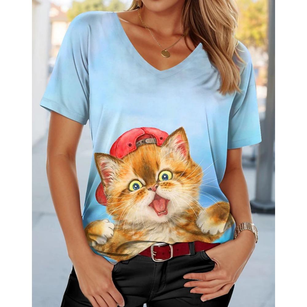 

Женская футболка с кошкой Летняя Уличная Повседневная Модная V-образный вырез Короткий рукав Топы Мультяшный принт животного Большой размер Женская одежда XXXL