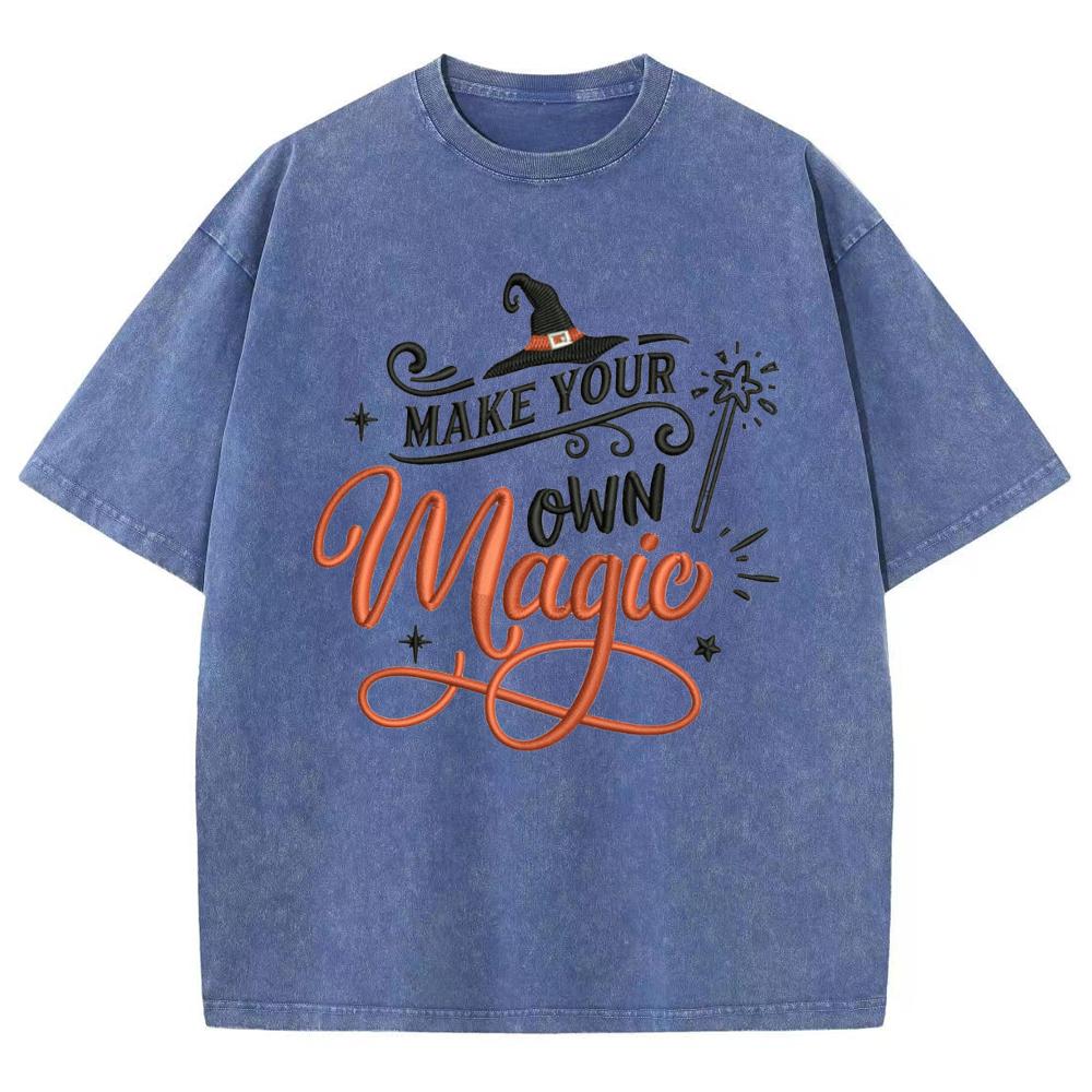 Magic Hand-Painted Letter Print Women's T-Shirt Washed Denim Oversized Loose Short Sleeve Unisex Fashion Casual Top