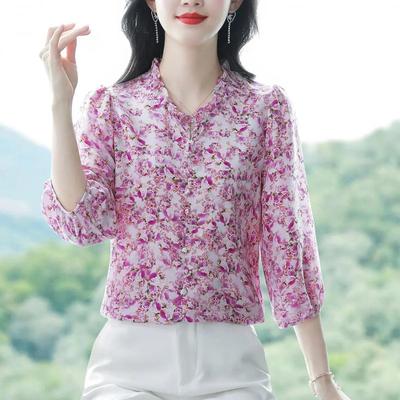 Women's Spring and Summer Seven-minute Sleeve Floral Shirt Wood Ear Edge Beautiful Generous Chiffon Shirt