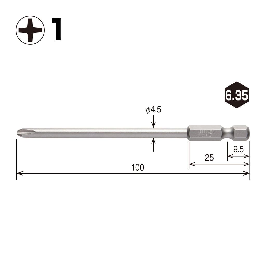 VESSEL Driver Bits for Air and Electric Screwdrivers, +1 x 4.5 x 100mm, 10-Piece Set, Hardness H (High Hardness), B35 ZP