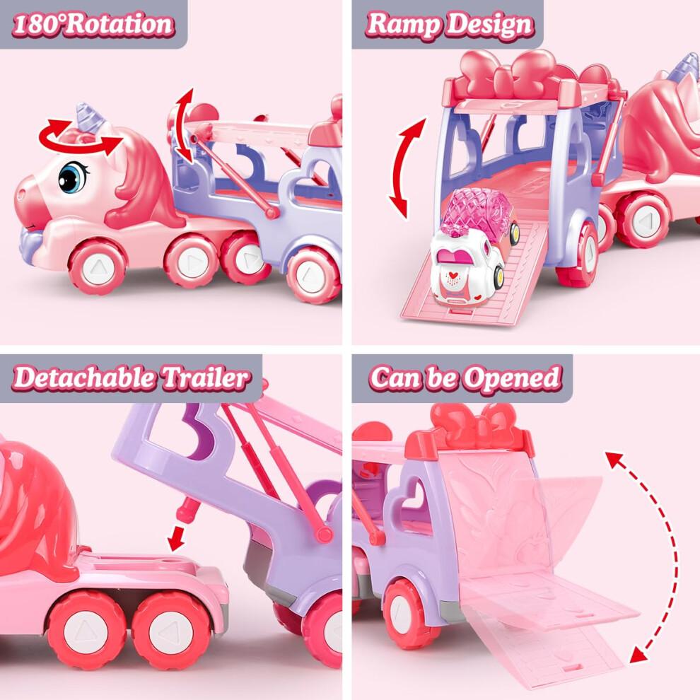 JQLM 5 IN 1 Unicorn Toy Girl Cars, Carrier Truck Toys for Girls Toddlers with Sound&Light, Birthday Christmas Toys Gifts for 2 3 4+ Year Old Baby