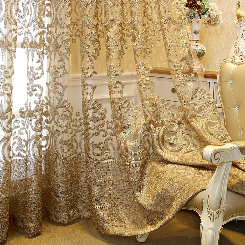 Europese Koffie met Gouden Draad Holle Tule Gordijn voor Woonkamer Paleis Elegante Stof Raambekleding ZH431#4 1 PCS W250 X H260cm&Grommet Top