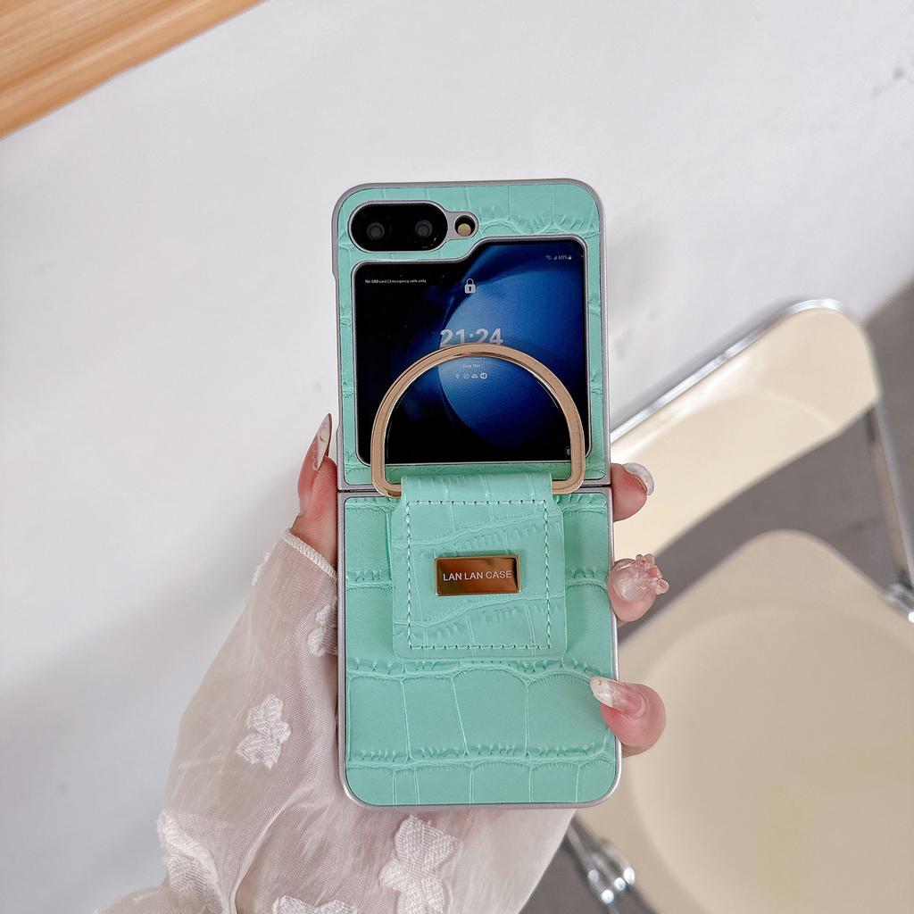 Hand Carry Ring Folding All-Inclusive Protective Cover for Samsung Z Flip7/6 Z Flip3/4/5 Crocodile Pattern PU Leather Phone Case